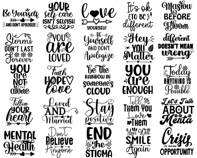 Może przedstawiać: Czarno-biały projekt graficzny z inspirującymi cytatami i frazami. Cytaty obejmują "Bądź sobą", "Jesteś kochany", "Jesteś wystarczający", "Zachowaj pozytywne nastawienie", "Zdrowie psychiczne" i "Kryzys to twoja nowa szansa".