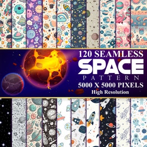 120 papeles digitales de planetas del espacio exterior, papel de astronauta, PNG sin costuras, estrellas del cielo nocturno, patrón espacial, fondo cósmico, uso comercial