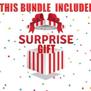 May include: A red and white striped gift box with a red bow and the words "Surprise Gift" in red letters. The box is open and confetti is falling from the top.
