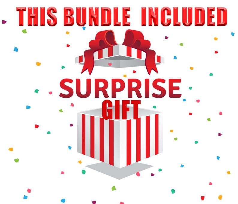 May include: A red and white striped gift box with a red bow and the words "Surprise Gift" in red letters. The box is open and confetti is falling from the top.