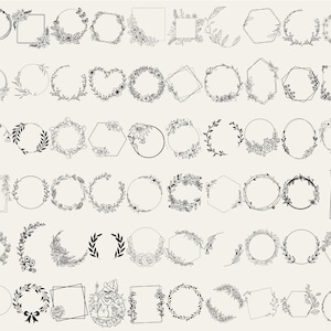 May include: A set of 48 black and white floral and geometric frames. The frames are in various shapes, including circles, squares, hexagons, and diamonds. The frames are decorated with flowers, leaves, and branches.