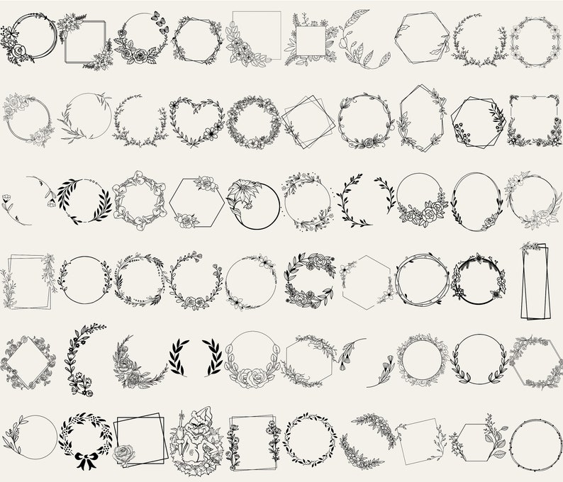 May include: A set of 48 black and white floral and geometric frames. The frames are in various shapes, including circles, squares, hexagons, and diamonds. The frames are decorated with flowers, leaves, and branches.