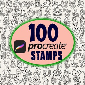 Könnte beinhalten: Eine Sammlung von 100 Procreate-Stempeln mit verschiedenen schwarz-weißen Cartoon-Tieren und -Kreaturen. Die Stempel umfassen eine Vielzahl von Tieren, wie Bären, Vögel und Fische. Der Text "100 Procreate Stamps" wird auf einem rosa Oval angezeigt.