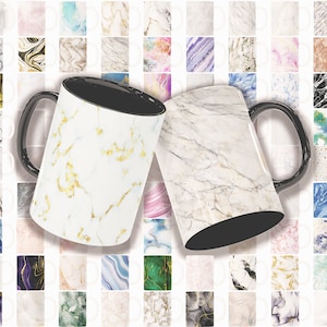 May include: Two white ceramic mugs with black handles. The mugs have a marble pattern with gold veins. The mugs are on a background of various marble patterns.