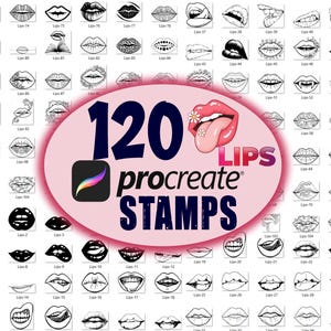 Può includere: Una grafica di arte digitale con 120 timbri Procreate di vari disegni di labbra. L'immagine include un ovale rosa con il testo "120 LIPS Procreate STAMPS" e un logo Procreate. I disegni delle labbra variano da semplici contorni a illustrazioni dettagliate.