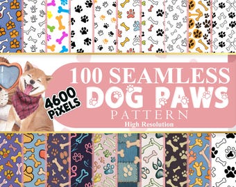 May include: A set of 100 seamless dog paw print patterns in various colors and designs. The patterns are high resolution and perfect for crafting projects, scrapbooking, and digital design. The image also includes a cute cartoon dog wearing sunglasses and a scarf.