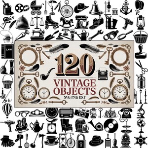 May include: A collection of 120 vintage objects in black and white, including a pocket watch, keys, a typewriter, and a compass. The text "120 Vintage Objects" is displayed in the center of the image.