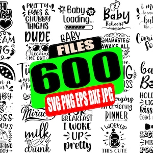 Peut inclure: Un téléchargement numérique de 600 fichiers SVG, PNG, EPS, DXF et JPG pour des projets d'artisanat. L'image présente une variété de motifs sur le thème des bébés avec du texte tel que "Oh Baby", "Baby Boss", "Dream Big", "Milk Drunk", "I Woke Up Pretty" et "Coming Soon".