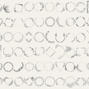May include: A set of 48 black and white floral wreath frames. The frames are in various shapes, including circles, squares, hearts, and hexagons. The frames are perfect for adding a touch of elegance to any project.