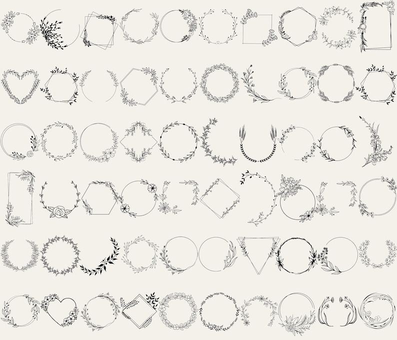 May include: A set of 48 black and white floral wreath frames. The frames are in various shapes, including circles, squares, hearts, and hexagons. The frames are perfect for adding a touch of elegance to any project.