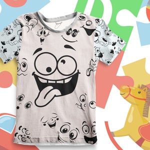 Peut inclure: Un t-shirt blanc avec un imprim&eacute; noir et blanc de diff&eacute;rents visages de dessins anim&eacute;s. Les visages ont tous des expressions diff&eacute;rentes, y compris le bonheur, la tristesse, la surprise et la col&egrave;re. Le t-shirt est un excellent moyen de montrer votre personnalit&eacute;.