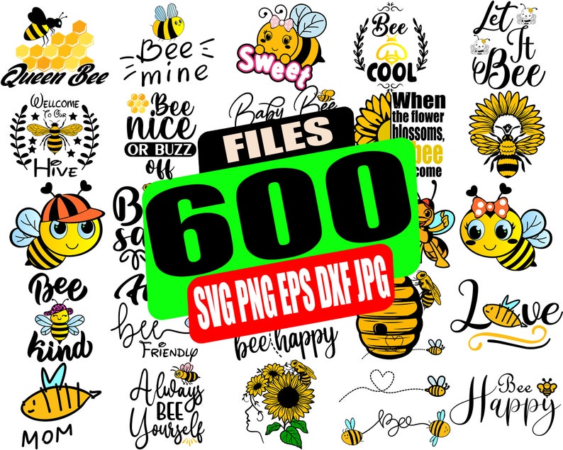 Op de afbeelding: Een verzameling van 600 bij-thema SVG, PNG, EPS, DXF en JPG bestanden. De afbeeldingen bevatten verschillende bij-ontwerpen, waaronder bijen met harten, bloemen en tekst zoals "Bee Happy", "Bee Kind", "Bee Mine" en "Queen Bee".