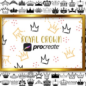 Puede incluir: Una ilustración digital de un marco dorado con el texto "ROYAL CROWN procreate" en su interior. El marco está rodeado de un fondo blanco con un patrón de coronas negras y doradas.