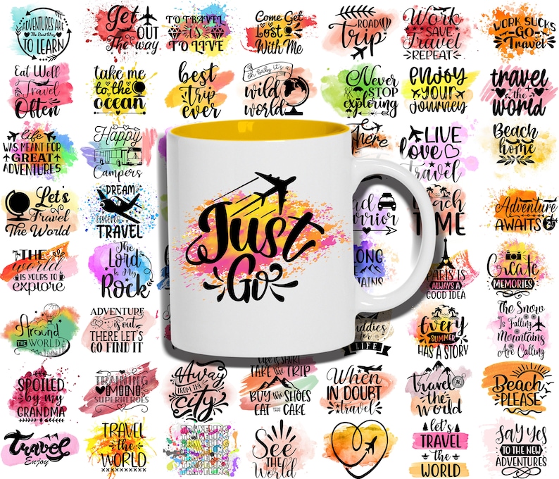 May include: A white ceramic mug with a yellow rim and a colorful watercolor design that says "Just Go". The mug is surrounded by a collage of colorful watercolor squares with inspirational travel quotes.