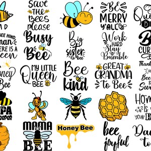 Op de afbeelding: Een verzameling van 20 SVG-snijbestanden met bijen als thema, met verschillende spreuken en ontwerpen. De ontwerpen omvatten "Papa", "Achter elke vrouw zit een koningin", "Honingbij", "Papa imker", "Mama bij", "Red de bijen alsjeblieft", "Drukke bij", "Mijn kleine bijenkoningin", "Wees vriendelijk tegen de bij", "Grote zus om een bij te zijn", "Wees vrolijk allemaal", "Bijenkoningin", "Bij nieuwsgierig", "Werk hard, blijf zoemen, geweldige oma om een bij te zijn", "Bedankt dat je zo lief bent", "Thuis is waar je honing is", "Bij vrolijk", "Papa voor", en meer.