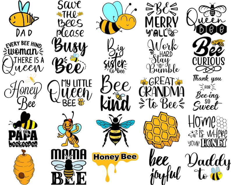 Op de afbeelding: Een verzameling van 20 SVG-snijbestanden met bijen als thema, met verschillende spreuken en ontwerpen. De ontwerpen omvatten "Papa", "Achter elke vrouw zit een koningin", "Honingbij", "Papa imker", "Mama bij", "Red de bijen alsjeblieft", "Drukke bij", "Mijn kleine bijenkoningin", "Wees vriendelijk tegen de bij", "Grote zus om een bij te zijn", "Wees vrolijk allemaal", "Bijenkoningin", "Bij nieuwsgierig", "Werk hard, blijf zoemen, geweldige oma om een bij te zijn", "Bedankt dat je zo lief bent", "Thuis is waar je honing is", "Bij vrolijk", "Papa voor", en meer.