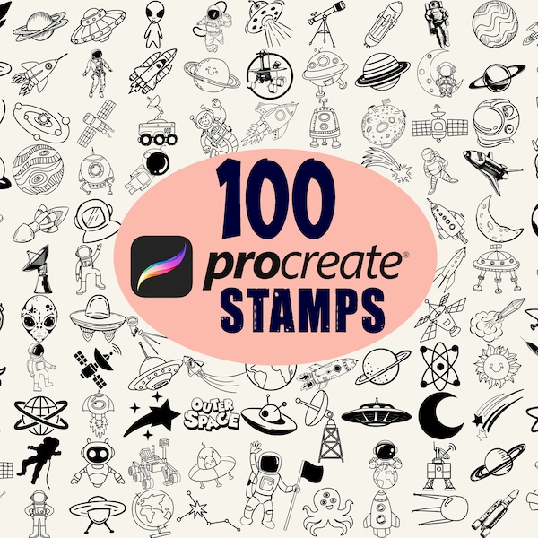 100 Space Planet Procreate Stamps, Rocket Moon Brushset, astronaut procreate, galaxy stamps, ufo alien, solar system, earth procreate stamps