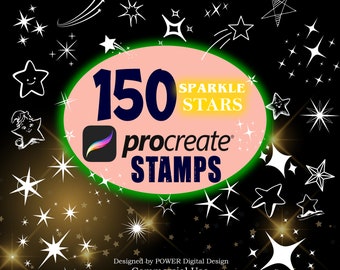 Puede incluir: Un círculo rosa y verde con el texto "150 Sparkle Stars Procreate Stamps" sobre un fondo negro con estrellas blancas. La imagen está diseñada por POWER Digital Design para uso comercial.