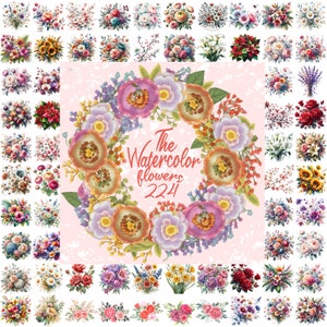 224 Aquarell Wild Floral Huge Bundle, Blumen Blumensträuße Png, Aquarell Blumen Clipart, Wilde Blume Clipart, festliche Blumen, Sofort-Download