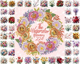 Paquete de 224 imágenes prediseñadas de flores silvestres en acuarela: Ramos florales PNG (descarga instantánea)