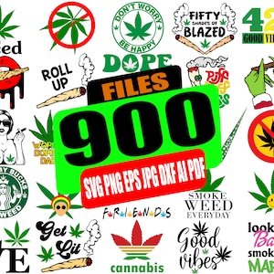 Puede incluir: Una colección de 900 archivos digitales para proyectos de manualidades con varios diseños relacionados con la cultura del cannabis. Los diseños incluyen frases como "weed", "dope", "roll up", "good vibes only" y "smoke weed everyday".
