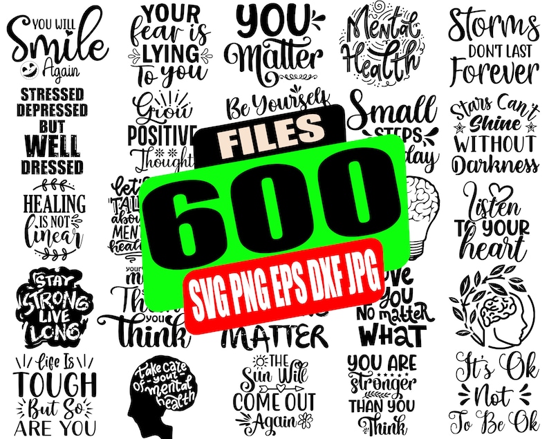 Może przedstawiać: Kolekcja 600 czarno-białych motywacyjnych cytat&oacute;w i zwrot&oacute;w. Cytaty są wyświetlane na białym tle. Tekst zawiera takie zwroty jak "You Matter", "Stay Strong", "Life is Tough", "Mental Health", "Storms Don't Last Forever", i "Listen to Your Heart".