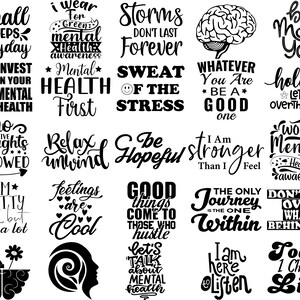 Może przedstawiać: Czarno-biały projekt graficzny z inspirującymi cytatami o zdrowiu psychicznym. Cytaty obejmują "Małe kroki każdego dnia", "Inwestuj w swoje zdrowie psychiczne", "Brak negatywnych myśli dozwolony", "Jestem całkiem fajny, ale dużo płaczę", "Noszę zieleń dla świadomości zdrowia psychicznego", "Zdrowie psychiczne przede wszystkim", "Zrelaksuj się i pozw&oacute;l sobie płynąć", "Uczucia są fajne", "Burze nie trwają wiecznie", "Pot zdrowia", "Bądź pełen nadziei", "Dobre rzeczy przychodzą do tych, kt&oacute;rzy się starają", "Porozmawiajmy o zdrowiu psychicznym", "Kimkolwiek jesteś, bądź dobry", "Jestem silniejszy, niż myślę", "Jedyny podr&oacute;ż jest ta, kt&oacute;ra jest w środku", "Bądź bardziej sobą", "Poczekaj, pozw&oacute;l mi za bardzo o tym myśleć", "Światowe zdrowie psychiczne", "Nie potykaj się o to, co jest za tobą", "Jestem tu, żeby słuchać", "Dzisiaj wybieram życie".