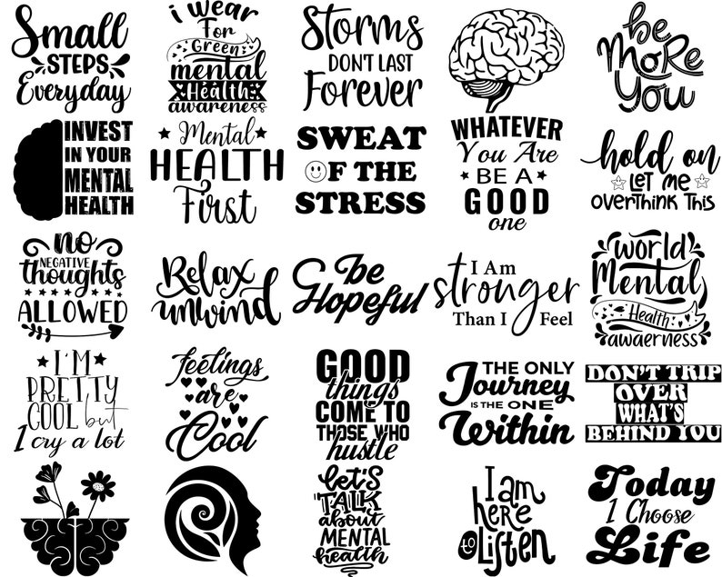 Może przedstawiać: Czarno-biały projekt graficzny z inspirującymi cytatami o zdrowiu psychicznym. Cytaty obejmują "Małe kroki każdego dnia", "Inwestuj w swoje zdrowie psychiczne", "Brak negatywnych myśli dozwolony", "Jestem całkiem fajny, ale dużo płaczę", "Noszę zieleń dla świadomości zdrowia psychicznego", "Zdrowie psychiczne przede wszystkim", "Zrelaksuj się i pozw&oacute;l sobie płynąć", "Uczucia są fajne", "Burze nie trwają wiecznie", "Pot zdrowia", "Bądź pełen nadziei", "Dobre rzeczy przychodzą do tych, kt&oacute;rzy się starają", "Porozmawiajmy o zdrowiu psychicznym", "Kimkolwiek jesteś, bądź dobry", "Jestem silniejszy, niż myślę", "Jedyny podr&oacute;ż jest ta, kt&oacute;ra jest w środku", "Bądź bardziej sobą", "Poczekaj, pozw&oacute;l mi za bardzo o tym myśleć", "Światowe zdrowie psychiczne", "Nie potykaj się o to, co jest za tobą", "Jestem tu, żeby słuchać", "Dzisiaj wybieram życie".