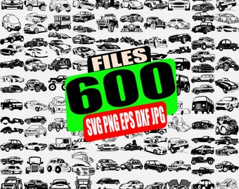 May include: A collection of 600 black and white car silhouette illustrations. The illustrations are in various styles and include cars, trucks, vans, and sports cars. The text "FILES 600 SVG PNG EPS DXF JPG" is displayed in the center of the image.