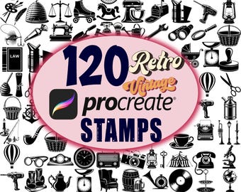 120 Retro Procreate Stamps Bundle: Brushset Designs, Vintage Retro Pack for Digital Art