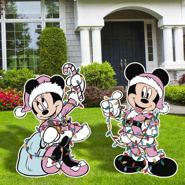 Christmas Mickey and Minnie, Pink Decora, decorations, Out Door Decor, Cut Outs, Light Colors, Pastel Colors,