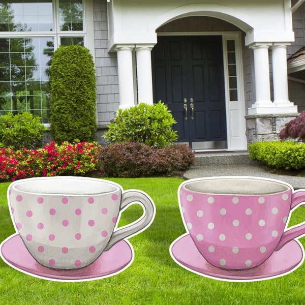 Pink Tea Cups, Tea Party Decor, Outdoor Decor, Yard Art, Yard Signs, Birthday party Decor, Personalized Signs,