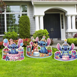 May include: Three blue Stitch characters from Lilo & Stitch are holding birthday cakes and presents. The characters are wearing party hats and are surrounded by balloons and gifts. The text "Happy Birthday" is on the cake in the front.