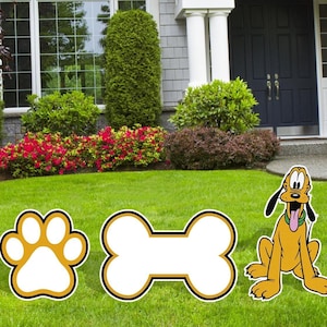 May include: A set of four lawn decorations featuring a cartoon dog, a bone, a paw print, and a dog bowl. The dog is brown with a long snout and a long tongue sticking out. The bone is white with a brown outline. The paw print is brown with a white outline. The dog bowl is brown with a white outline and a bone inside.