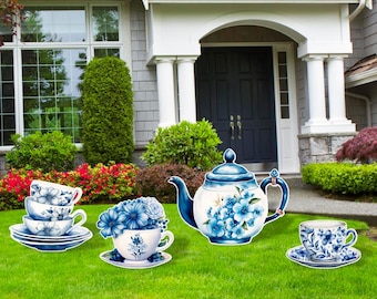 Blue Tea Cups with Flowers Cutouts, Tea Cups, Tea Pot, Outdoor Decor, Tea Party Decor, Tea Birthday Party, Water color