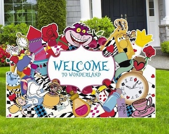 Alice in Wonderland Cutouts, Welcome Sign, Cut Outs. Outdoor Decoration Sign, Yard Sign, Birthday Party Decor, Personalized Sign