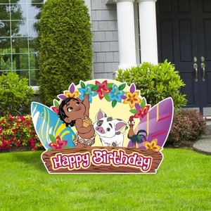 May include: A colorful cardboard cutout featuring characters from the animated movie Moana. The cutout includes a young Moana, a pig, and a rooster. The cutout is decorated with flowers, surfboards, and the text "Happy Birthday".