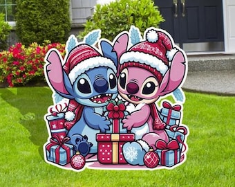 Stitch and Angel Christmas Yard Signs and Cutouts, Stitch Christmas Pink Outdoor Decor, Stitch Cutouts, Yard Signs, Christmas Stitch,