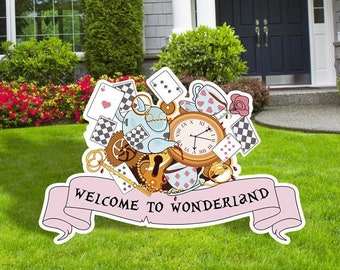 Alice In Wonderland, Personalized Welcome Sign, Birthday Party Decor, Light Pastel Colors, Cut Outs, Outdoor Decor, Yard Art, Yard Sign