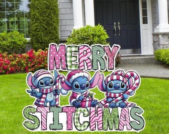 Stitch Merry Stitchmas, Merry Christmas Cutout, Stitch Cutouts, Outdoor Decor Signs, Yard Sign, Christmas Decor, Stitch Merry Christmas