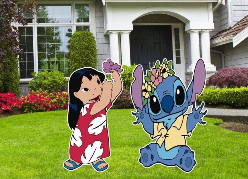 May include: Lilo and Stitch from Disney's Lilo & Stitch are depicted as cartoon characters. Lilo is wearing a red and white dress and holding a purple flower. Stitch is wearing a yellow shirt and a flower crown.