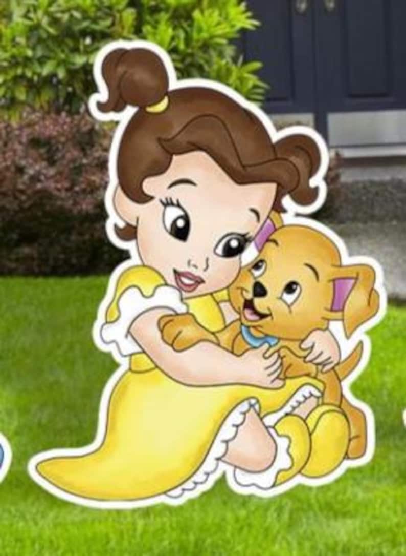 May include: A cartoon-style yard sign featuring a young character with brown hair in a ponytail wearing a yellow dress, sitting on the grass while hugging a small, light brown puppy with a blue collar. The illustration has a white border outline.