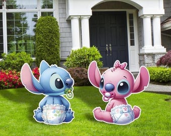 Recortes de Stitch para bebé, recortes de Stitch para bebé y ángel, decoración para fiestas, decoración para fiestas de gemelos, baby shower, revelación de género de Stitch,