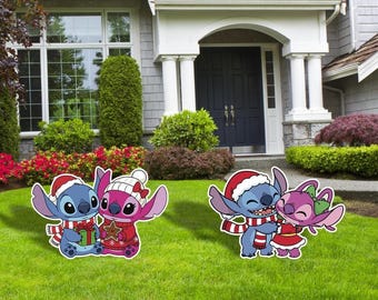 Stitch and Angel Christmas Yard Signs and Cutouts, Stitch Christmas Pink Outdoor Decor, Stitch Cutouts, Yard Signs, Christmas Stitch,