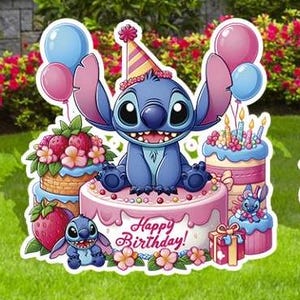 May include: A blue Stitch character wearing a party hat sits on a pink cake with the words "Happy Birthday!" on it. There are two smaller cakes, one with strawberries and one with a blue Stitch character. The background is a green lawn with pink flowers.
