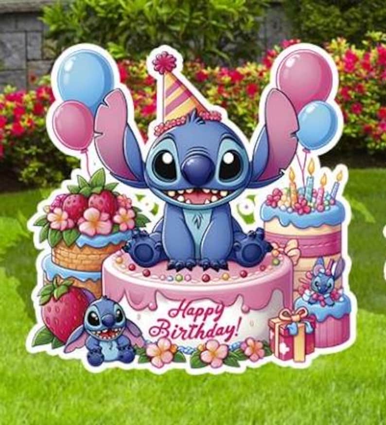 May include: A blue Stitch character wearing a party hat sits on a pink cake with the words "Happy Birthday!" on it. There are two smaller cakes, one with strawberries and one with a blue Stitch character. The background is a green lawn with pink flowers.