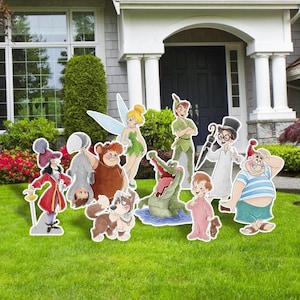 May include: A set of 10 cardboard cutouts featuring characters from the Disney movie Peter Pan. The characters include Peter Pan, Captain Hook, Tinkerbell, Wendy, John, Michael, Nana the dog, the crocodile, and the Lost Boys. The cutouts are printed on a white background with colorful illustrations.