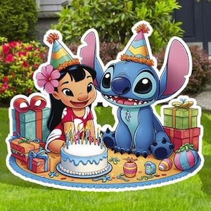 May include: Stitch and Lilo from Disney's Lilo & Stitch are celebrating a birthday with a blue and white cake, candles, and presents. Stitch is wearing a blue party hat and Lilo is wearing a pink and white party hat.