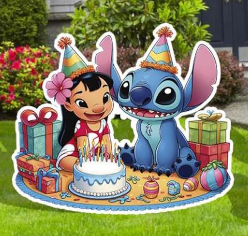May include: Stitch and Lilo from Disney's Lilo & Stitch are celebrating a birthday with a blue and white cake, candles, and presents. Stitch is wearing a blue party hat and Lilo is wearing a pink and white party hat.