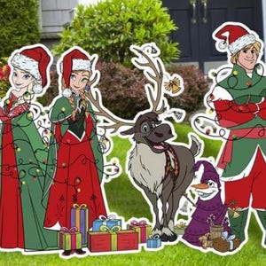 以下が含まれることがあります： お祝いの衣装を着た漫画のキャラクターが特徴のクリスマスの庭の装飾。このセットには、2人のプリンセス、トナカイ、雪だるま、男性のフィギュアが含まれており、すべて休日のライトとサンタの帽子で飾られています。カラフルなギフトボックスも含まれています。